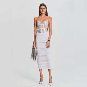 NWT Retrofete Fae Dress White Lace Corset Ruched Midi Evening M